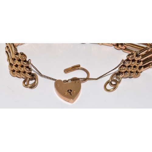 325 - 9ct Gold Ladies 4 Bar Gate Bracelet, with Heart Padlock & Saftey Chain.