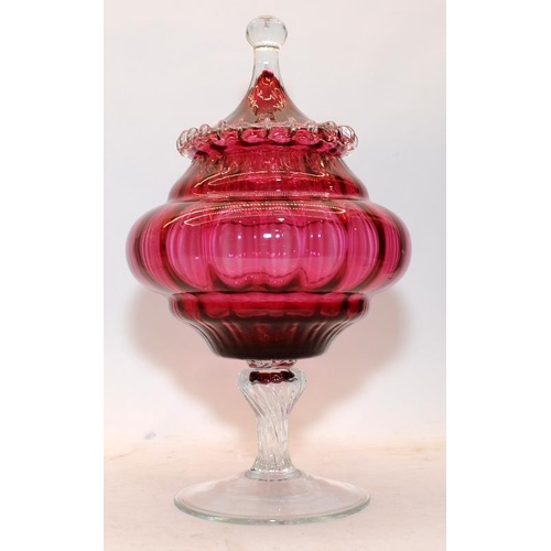 1 - Large Victorian decorative cranberry glass lidded storage jar. 36cms across