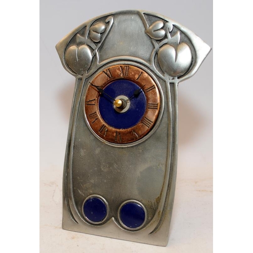 86 - Art Nouveau free standing clock in pewter with a copper chapter ring in the style of Archibald Knox.... 