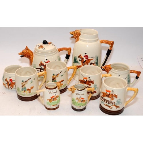 65 - Vintage Keele Street Pottery tea set including teapot featuring hinting scenes. 10 pieces in lot