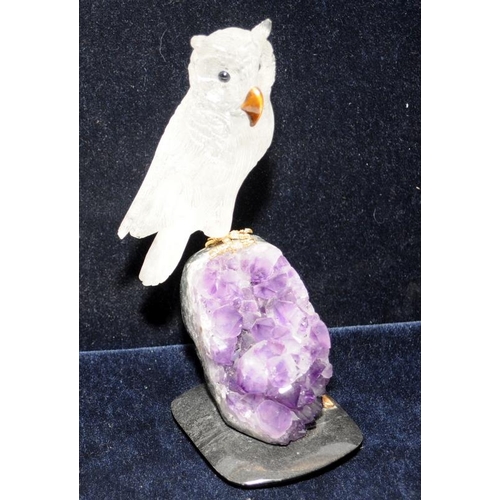 93 - Vintage Amsterdam Sauer raw amethyst and carved crystal model of an owl. 18cms tall