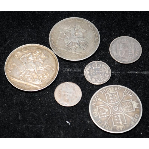 103 - A small collection of GB silver coins to include George III and Victorian Crowns