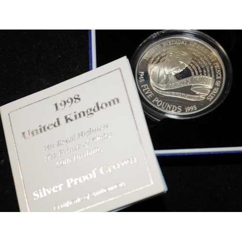 104 - 3 x Royal Mint Silver Proof £5 Five Pound Crowns. 1996, '97 and '98. All cased with certificates