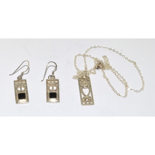 385 - Mackintosh Black onyx 925 silver earrings and pendant.