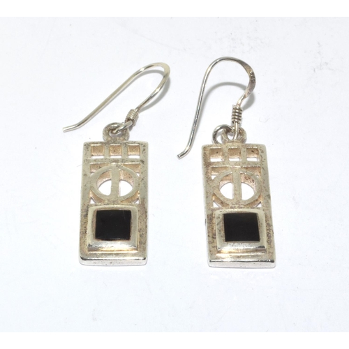 385 - Mackintosh Black onyx 925 silver earrings and pendant.