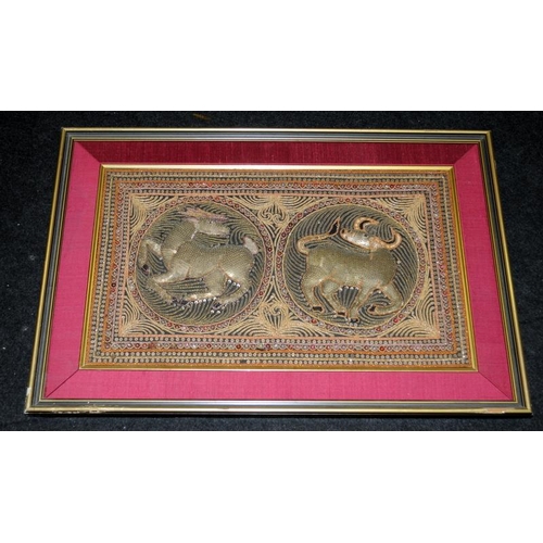 417 - Vintage Balinese 'Karang' framed picture of a stag and a water buffalo. Karang pictures feature fabr... 