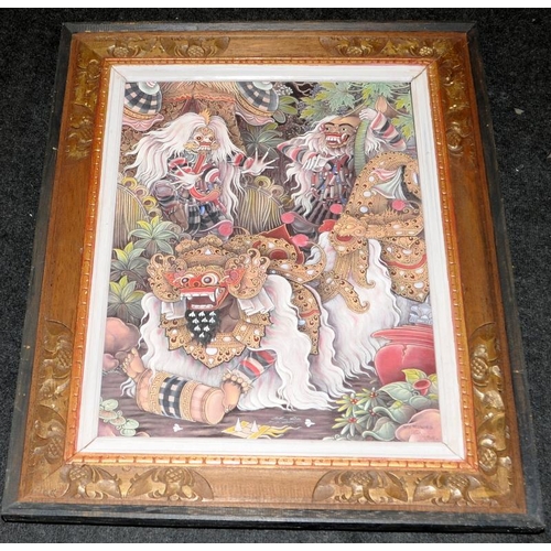 418 - Vintage Balinese acrylic on canvas framed painting of a colourful fantastical scene featuring Barong... 