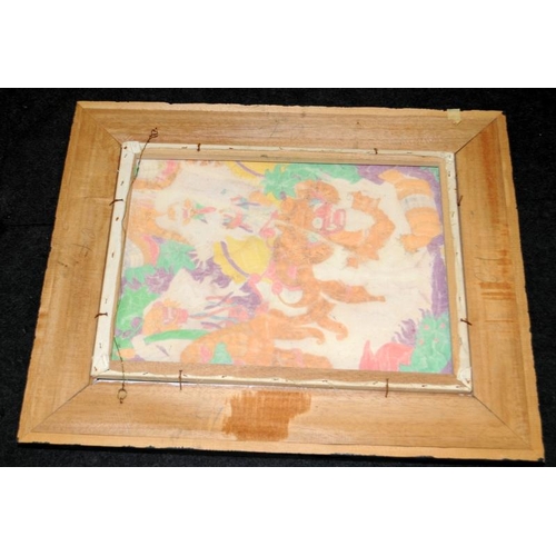 418 - Vintage Balinese acrylic on canvas framed painting of a colourful fantastical scene featuring Barong... 