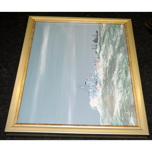 170 - Framed oil on canvas of a British warship on escort duty in Arctic seas. Signed James G Butler 1977 ... 