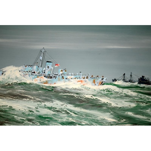 170 - Framed oil on canvas of a British warship on escort duty in Arctic seas. Signed James G Butler 1977 ... 