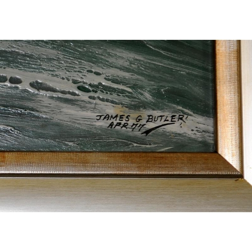 170 - Framed oil on canvas of a British warship on escort duty in Arctic seas. Signed James G Butler 1977 ... 