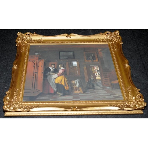 423 - Large print on canvas of a 16thC domestic scene in an ornate gilded frame. O/all frame size 97cms x ... 