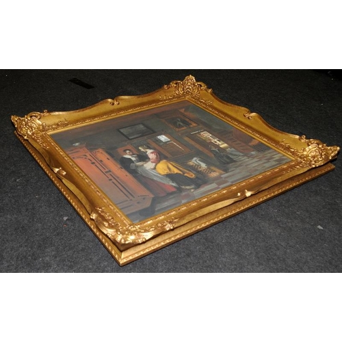 423 - Large print on canvas of a 16thC domestic scene in an ornate gilded frame. O/all frame size 97cms x ... 