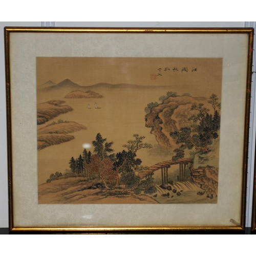 425 - Two framed and signed Oriental hand coloured prints on silk. O/all frame size 49cms x 42cms