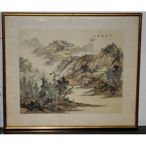 425 - Two framed and signed Oriental hand coloured prints on silk. O/all frame size 49cms x 42cms