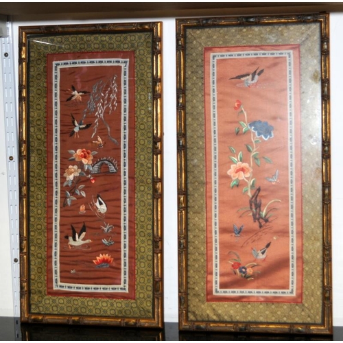 428 - Collection of four Oriental framed silk on silk panels. Largest frame size 87.5cms x 36cms