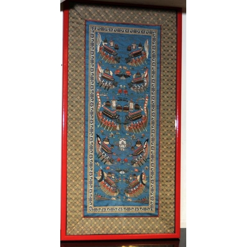 428 - Collection of four Oriental framed silk on silk panels. Largest frame size 87.5cms x 36cms