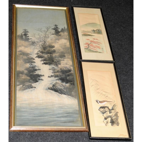 432 - Three vintage Oriental watercolours on fabric. Largest frame is 95cms x 35cms