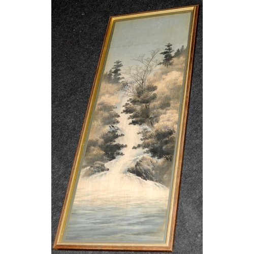 432 - Three vintage Oriental watercolours on fabric. Largest frame is 95cms x 35cms