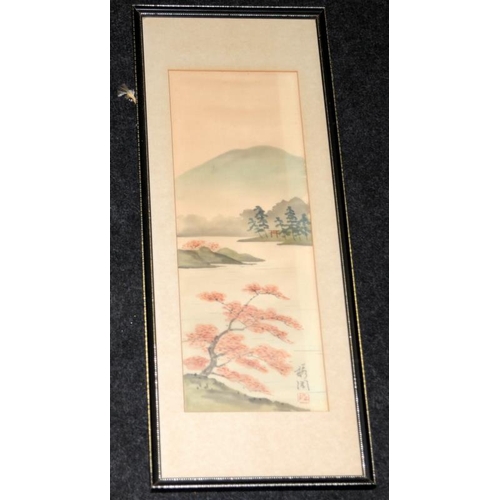 432 - Three vintage Oriental watercolours on fabric. Largest frame is 95cms x 35cms