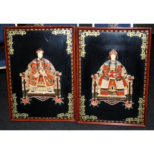 433 - Pair of vintage Oriental hand carved inlaid wooden Emperor and Empress figures in hardwood frames. F... 