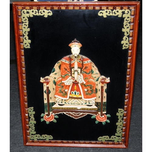 433 - Pair of vintage Oriental hand carved inlaid wooden Emperor and Empress figures in hardwood frames. F... 