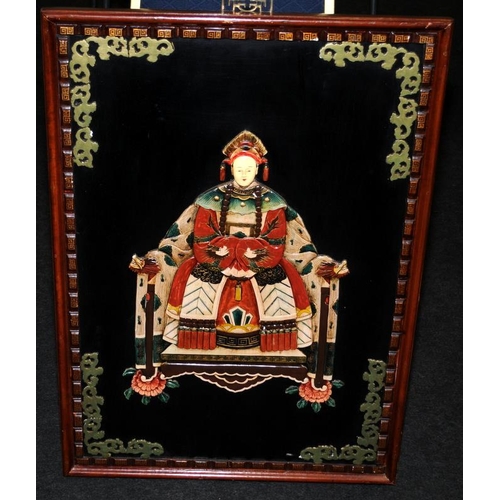 433 - Pair of vintage Oriental hand carved inlaid wooden Emperor and Empress figures in hardwood frames. F... 