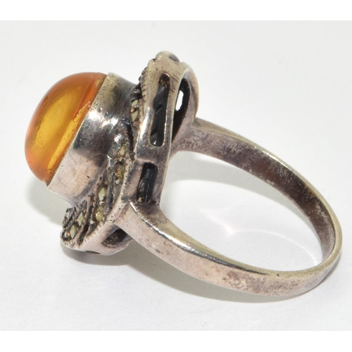 376 - 925 Silver Baltic Amber Marcasite Ring. Size L