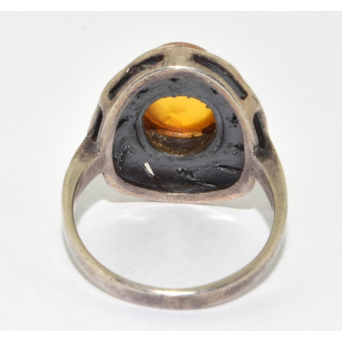 376 - 925 Silver Baltic Amber Marcasite Ring. Size L