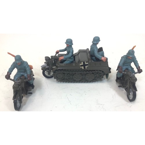 62 - Britains German Kettenkard motorbike tracked vehicle together with two German motorbikes.