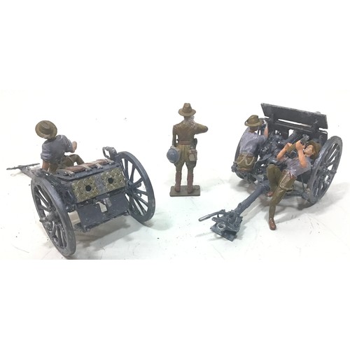 72 - Lead soldiers badly painted WWI Australian field gun and lumber complete with men