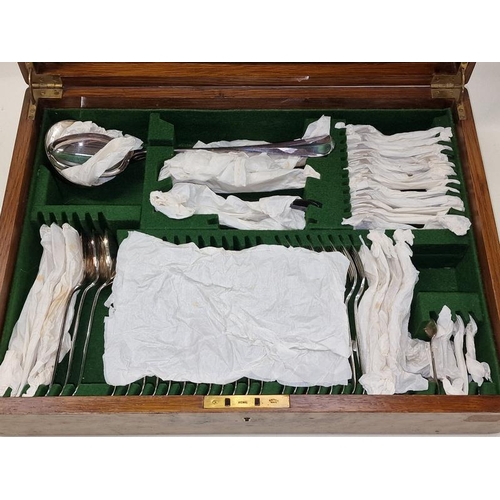 413 - Antique quality two tiered oak cutlery canteen containing a complete set of silver plated flatware f... 