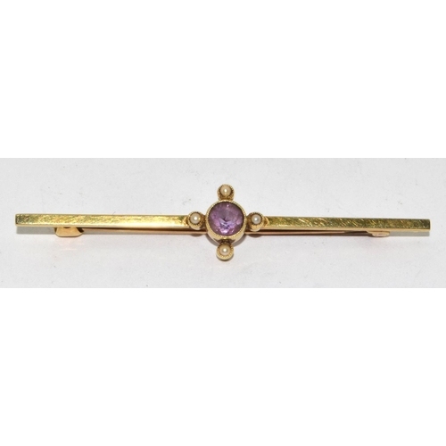 270 - 15ct gold Amethyst and pearl bar brooch