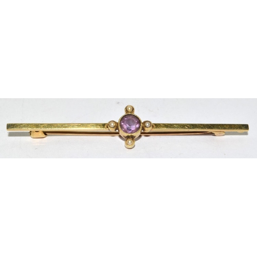 270 - 15ct gold Amethyst and pearl bar brooch