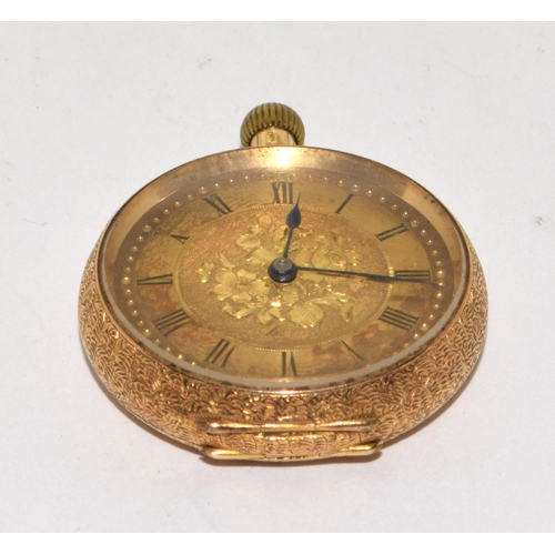 292 - 18ct gold fob watch with roman numeral dial working when cataloged