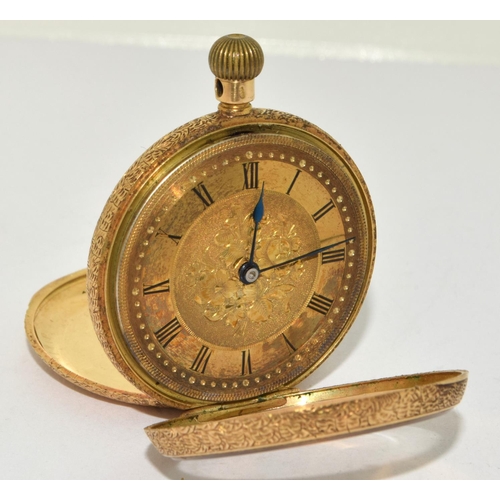 292 - 18ct gold fob watch with roman numeral dial working when cataloged