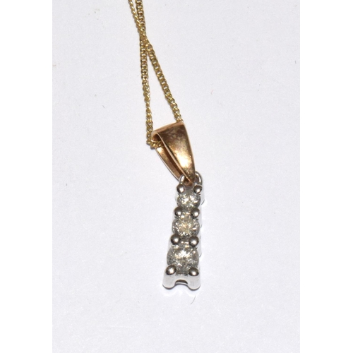 337 - 9ct gold 3 stone Diamond drop  pendant necklace