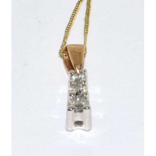 337 - 9ct gold 3 stone Diamond drop  pendant necklace