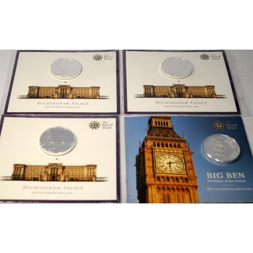 135 - Collection of Royal Mint Fine Silver £100 100 Pound coins. All dated 2015, BU and carded. 4 items in... 