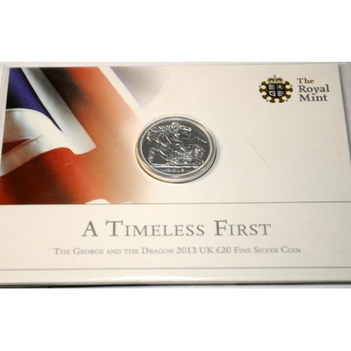 138 - Collection of Royal Mint Fine Silver £20 20 Pound coins. All BU and carded, 2013, 2015 and 2016 date... 