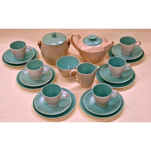 57 - Poole Pottery Ice Green & Seagull Twin Tone tea set for six to include Tea Pot and Biscuit Barrel. 2... 