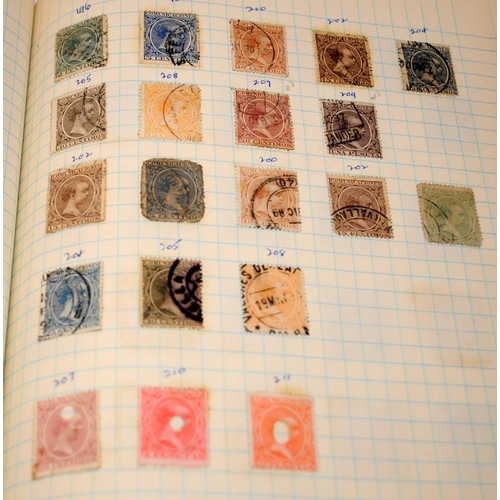 183 - Stamps: Vintage album containing a collection of Spanish stamps including early examples. Further in... 