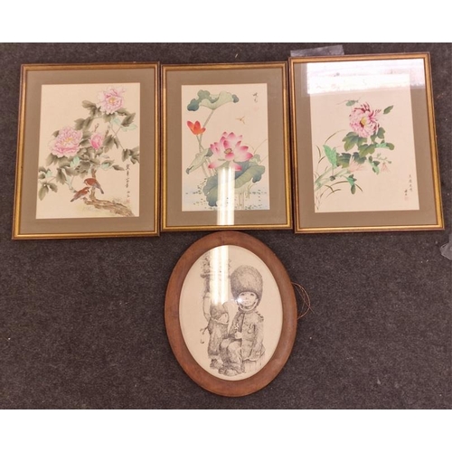 238 - Three framed and glazed oriental pictures together with another picture in an oval frame (4).