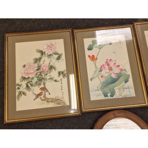 238 - Three framed and glazed oriental pictures together with another picture in an oval frame (4).