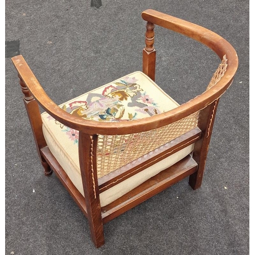 254 - Vintage mahogany cane back bedroom chair with tapestry seat.