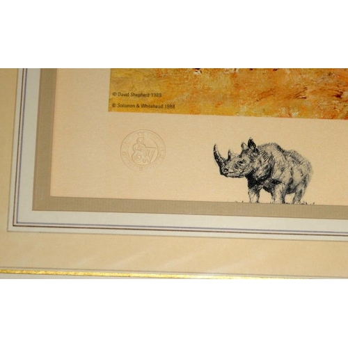 247 - Large David Shepherd card mounted limited edition artist signed gallery stamped print 'Rhino Beware'... 