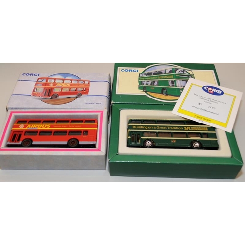 344 - A collection of boxed Corgi buses and coaches including limited edition examples. Models excellent i... 