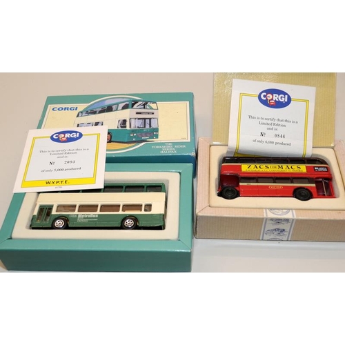 344 - A collection of boxed Corgi buses and coaches including limited edition examples. Models excellent i... 