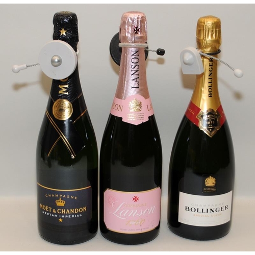 1 - 3 mixed bottles of Champagne Moet Lanson and Bollinger Ref 97,98,99