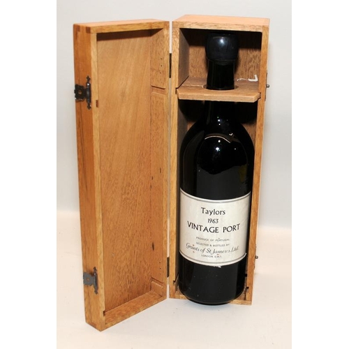 2 - Taylors 1963 Vintage Port, good label, level and seal. Supplied in a wooden case.